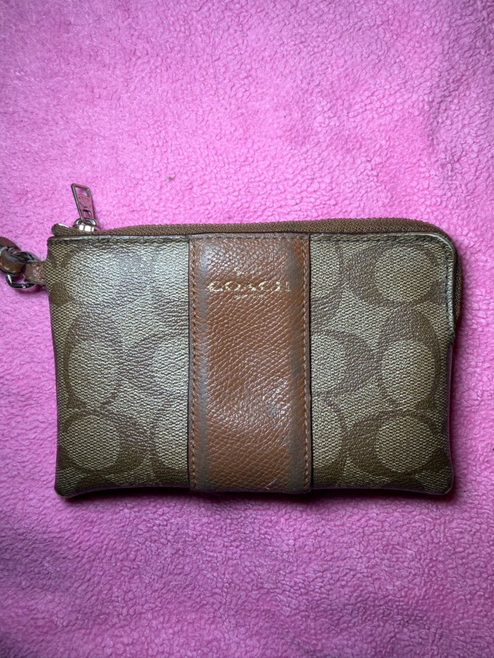 Coach Brown Signature Canvas Wristlet with Tan Leather Accent